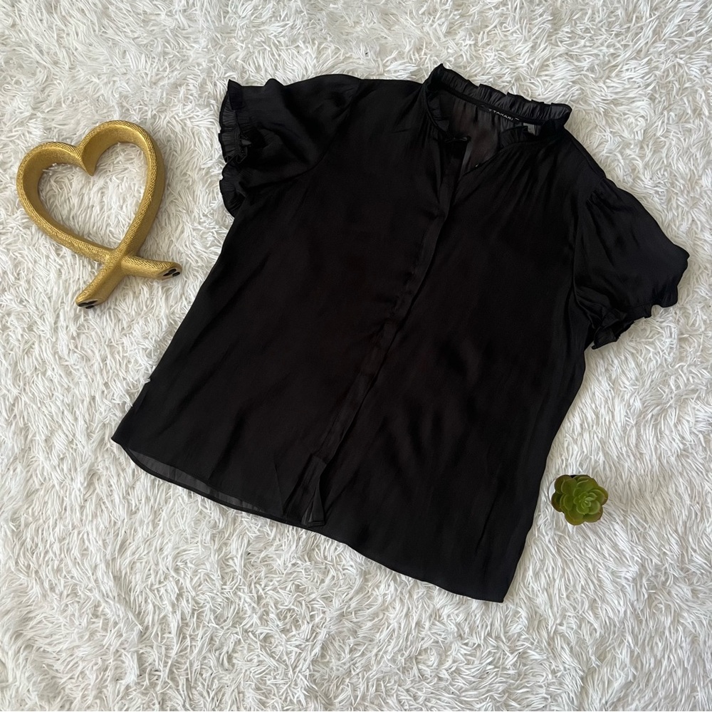 T Tahari Black Flutter Sleeve Button Down Shirt